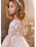 Long Sleeves Beaded Ivory Lace Tulle Floral Flower Girl Dress